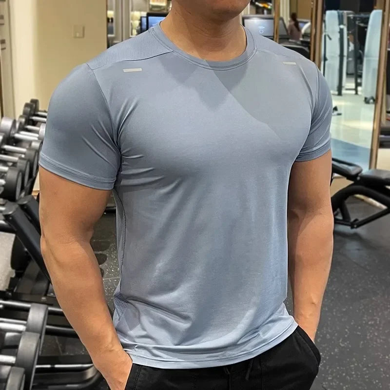 Summer Running Gym Men Shirt Short Sleeve Tees Elastic Tight Fit Sports Training Fitness Quick Dry Spandex Ice Silk T Shirt