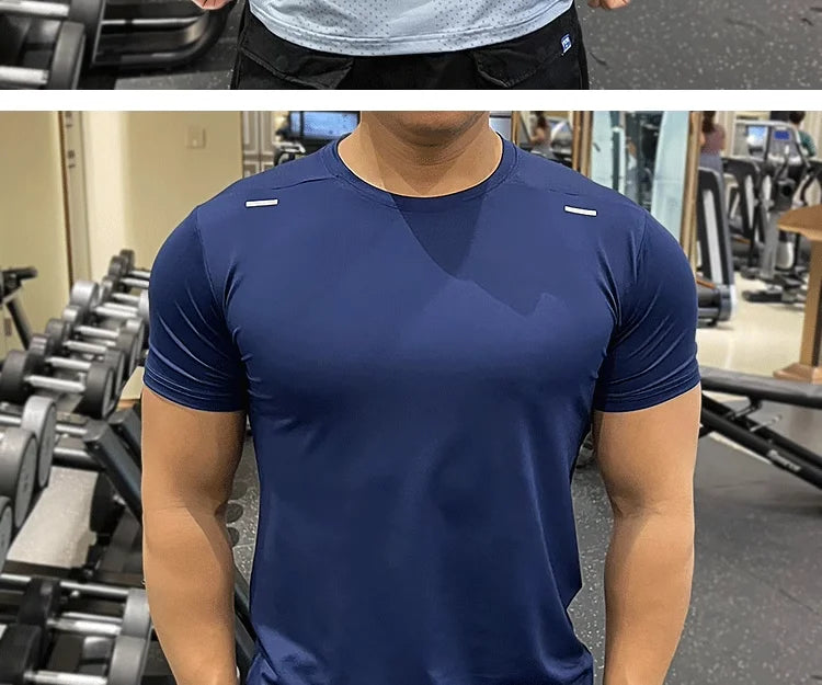 Summer Running Gym Men Shirt Short Sleeve Tees Elastic Tight Fit Sports Training Fitness Quick Dry Spandex Ice Silk T Shirt