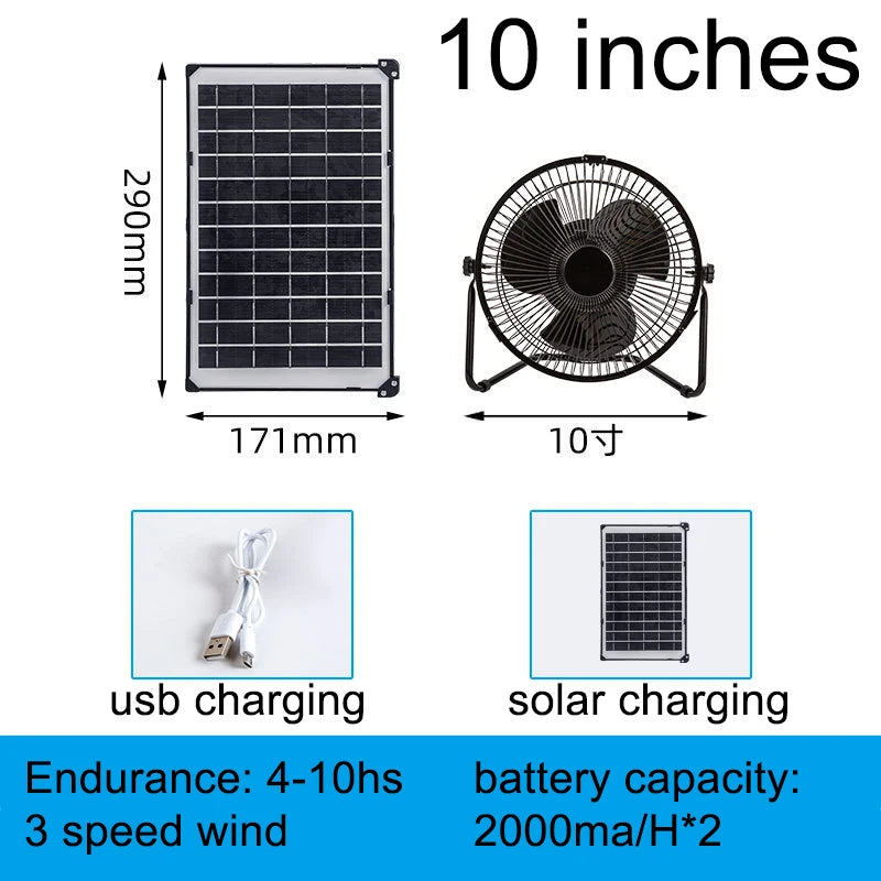 2025 New Household solar fan 12-speed large wind outdoor portable camping fan USB mobile phone fishing light charging