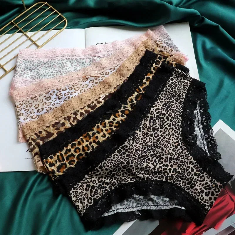European and American Seamless Silk Skating Silk Printing Ladies Low-waist Leopard-print Panties Women's Lace Women's Briefs