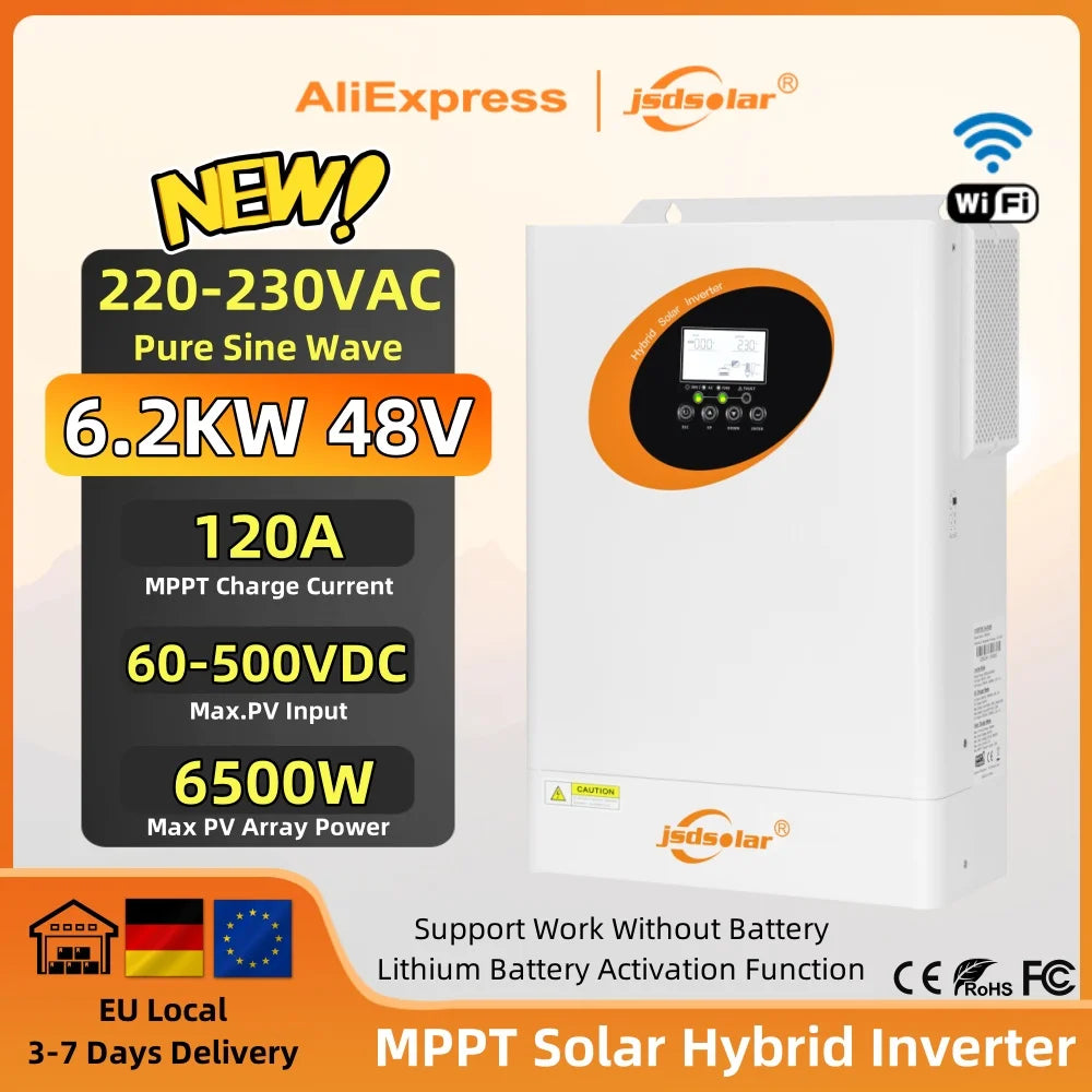 jsdsolar 6.2KW 48V Hybrid Solar Inverters 230VAC On/Off Grid Pure Sine Wave MPPT 120A Solar Charge Controller PV 500V For Home