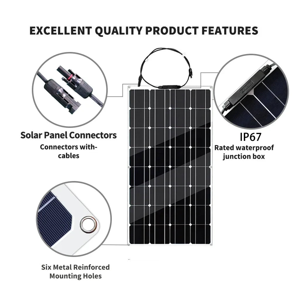 6000W-1000W 12V Flexible Solar Panel Kit - Waterproof Monocrystalline for RV Roofs/Camping/Off-Grid Power