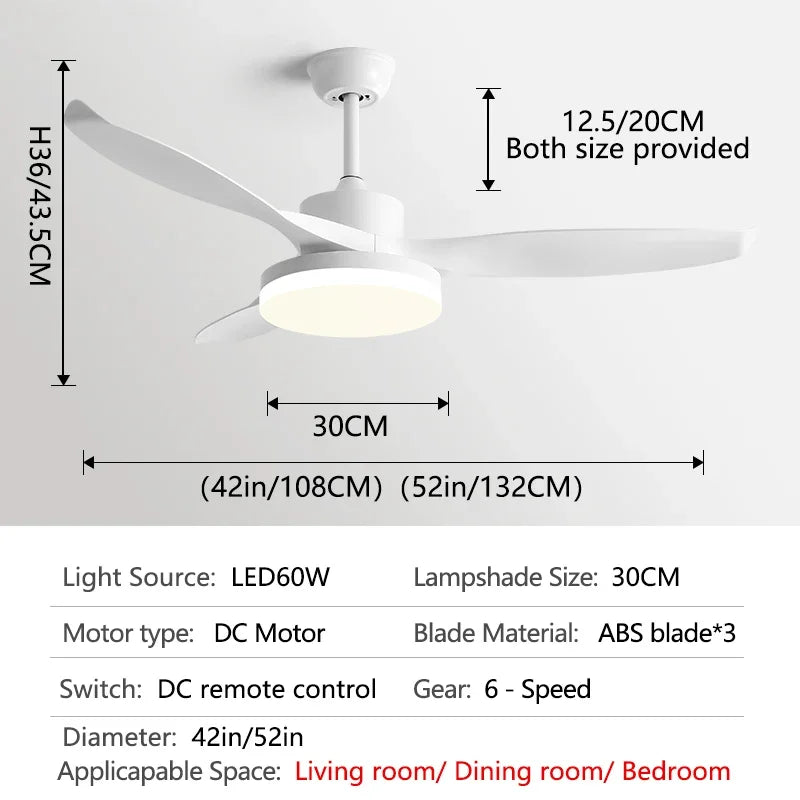 52Inch 3 ABS Blade DC 35W Pure Copper Motor Ceiling Fan With 60W LED Light Support Remote Control Strong winds Electric fans