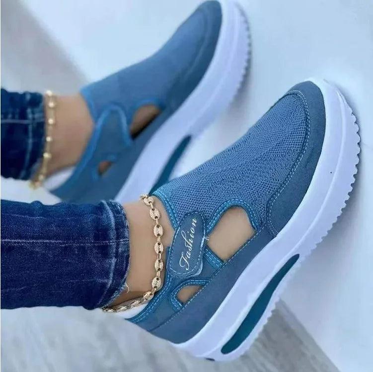 Large summer breathable women's casual shoes with thick sole sloping heel hollowed out low cut women'sshoes