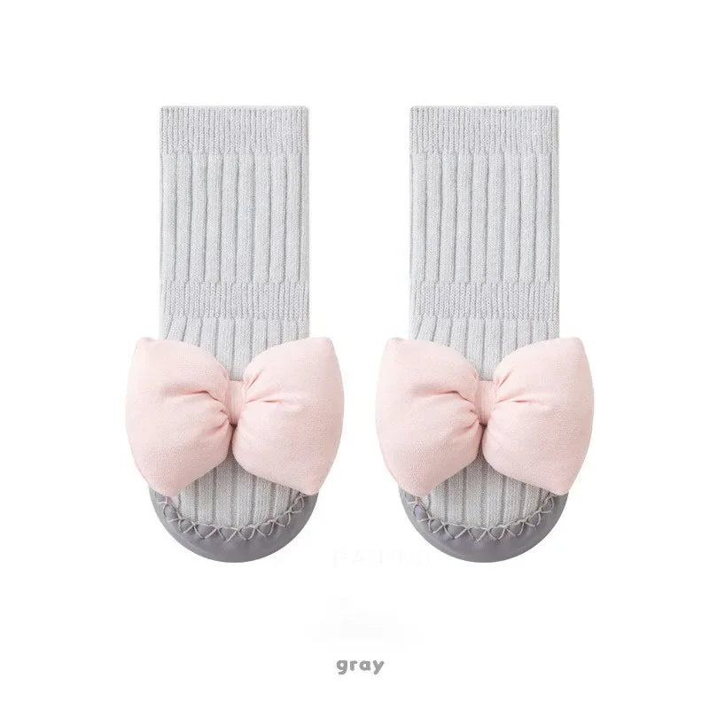 Autumn Baby Bow Middle Tube Socks Shoe Girls Princess Anti Slip Floor Shoes Soft Soled Children Toddler Shoes Kids First Walkers