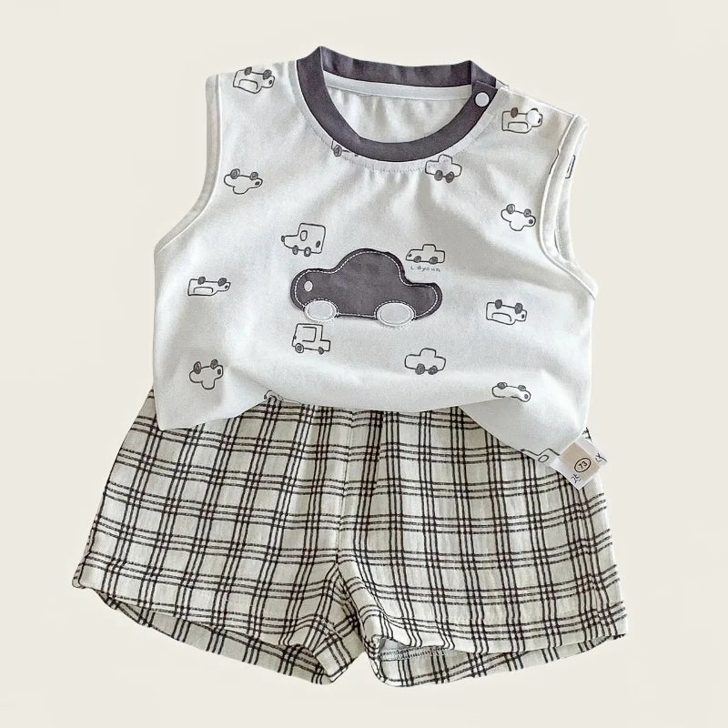 Cute Cotton Cartoon Car Applique Print Sleeveless Top and Plaid Shorts Comfortable and Fashionable Kids Set for 0-5 Y Baby Boys