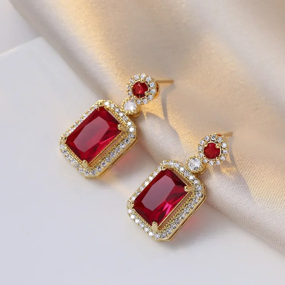 Luxury Emerald Color Earring Necklace Rings Set For Woman Stainless Steel Zircon Rectangle Pendant Necklace Party Jewelry Gift