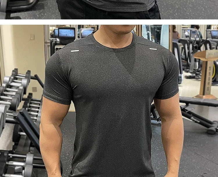 Summer Running Gym Men Shirt Short Sleeve Tees Elastic Tight Fit Sports Training Fitness Quick Dry Spandex Ice Silk T Shirt