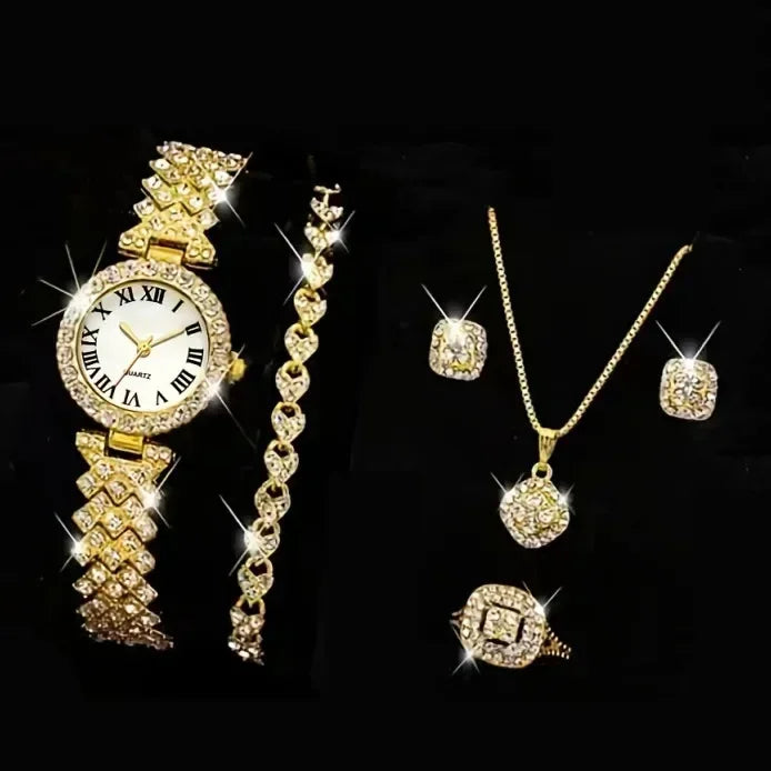 Fashion Luxury Full Crystal 5 Pcs Watch Necklace Earrings Ring Set for Women Rhinestone Wristwatch Female Bracelet Set Gift
