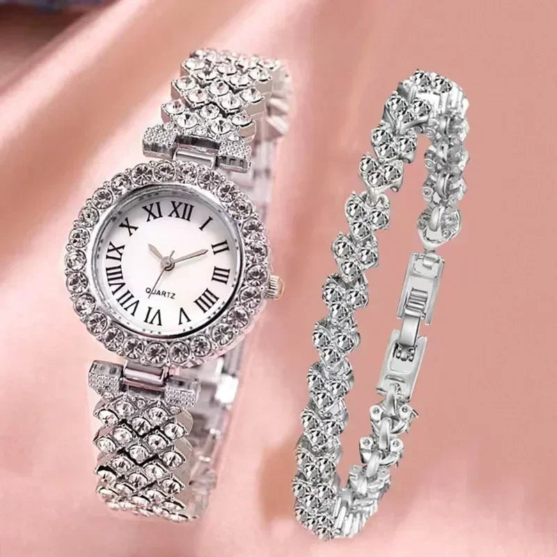Fashion Luxury Full Crystal 5 Pcs Watch Necklace Earrings Ring Set for Women Rhinestone Wristwatch Female Bracelet Set Gift