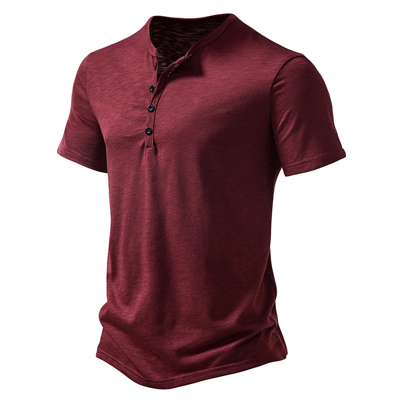 Henley Collar Summer Men's Casual Solid Color Short Sleeve T Shirt For Men Fashion Button Polo Male High Quality Top Tees Shirts