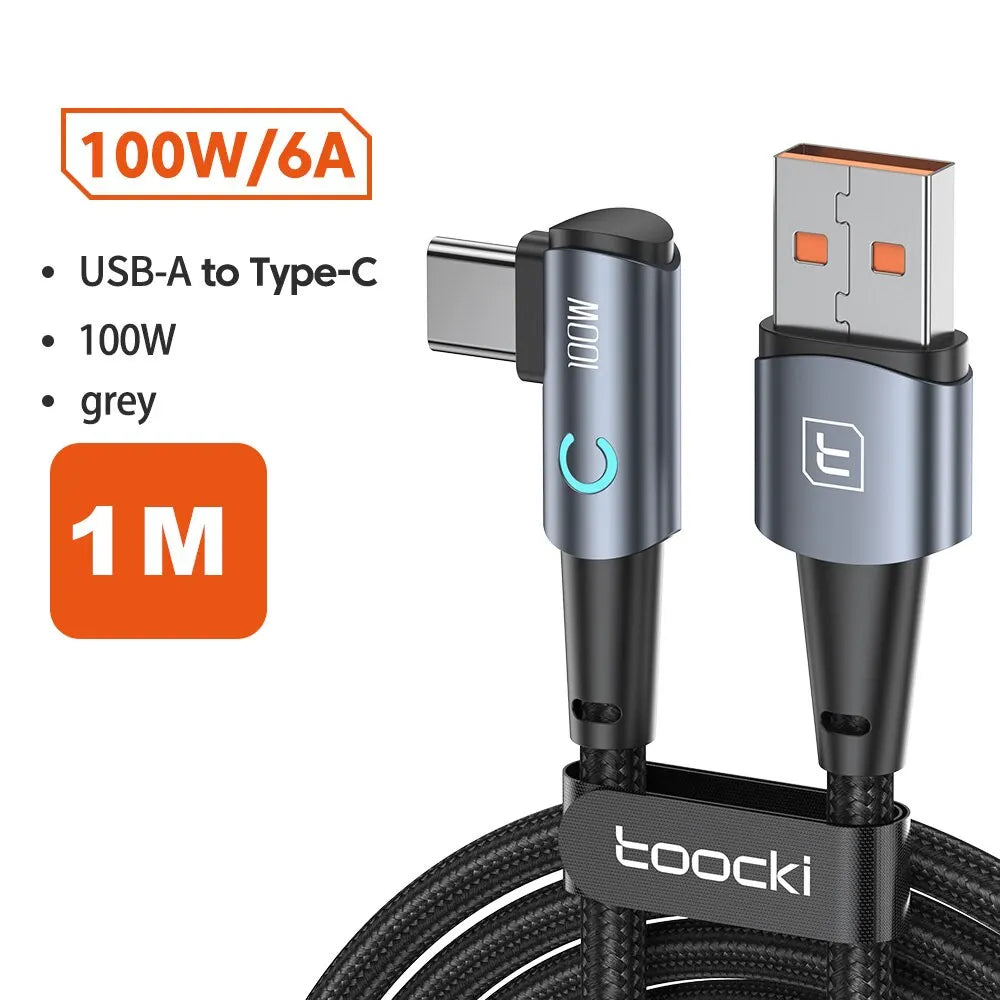 Toocki 6A USB C Cable 90 Degree For OPPO 100W Fast Charging Cord For Honor Huawei Oneplus Realme Charger Data Wire