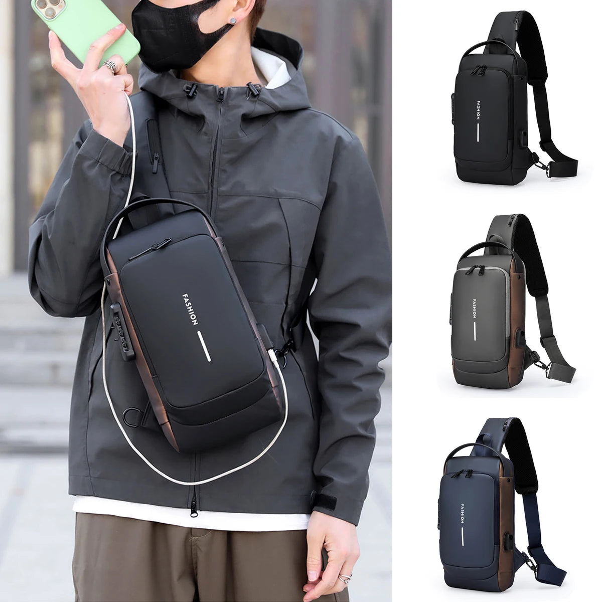 Men's Multifunction Anti-theft USB Shoulder Bag Man Crossbody Cross Body Travel Sling Chest Pack Messenger Pack for Male-LJX