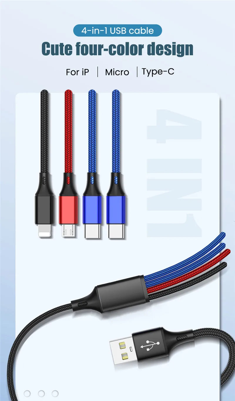 4 in 1 Multi Charger Cable For iPhone 13 12 14Pro Max Mini 3 in 1 Micro USB Type C Fast Charging Cable for Android iPhone Huawei