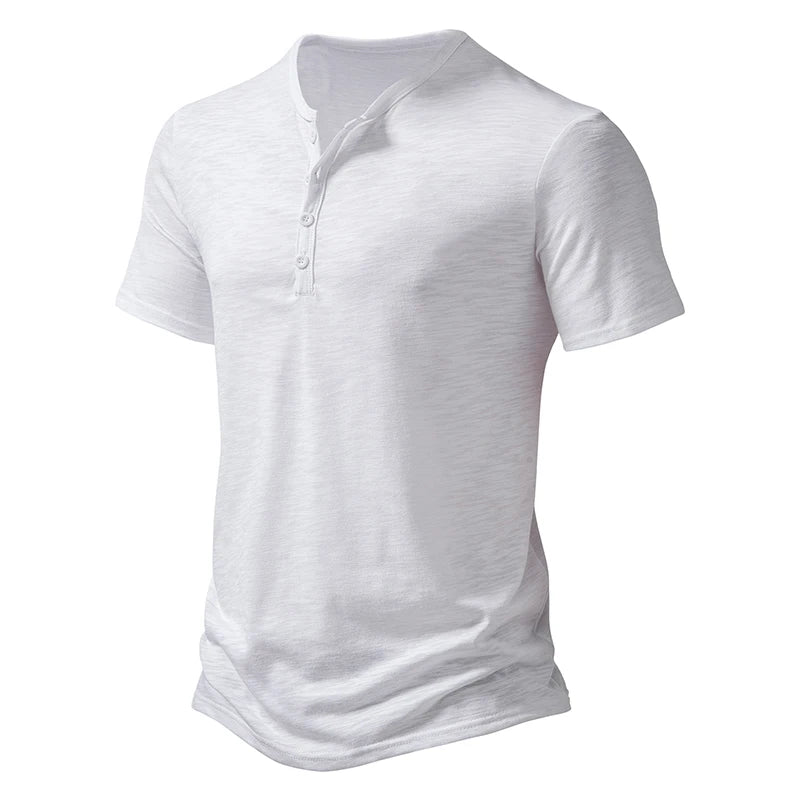 Henley Collar Summer Men's Casual Solid Color Short Sleeve T Shirt For Men Fashion Button Polo Male High Quality Top Tees Shirts