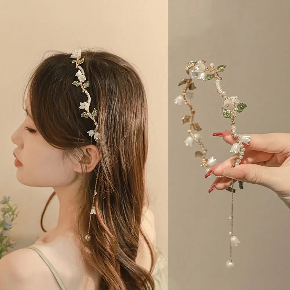 Korean Alloy Pearl Flower Headband Beads Tassel Wave Hair Band Woman Hair Accessories
