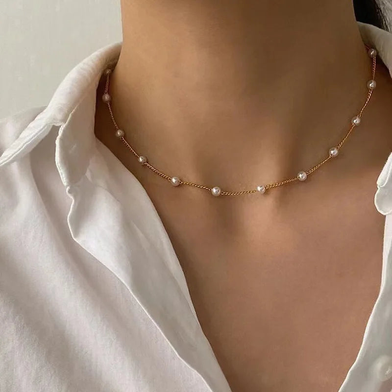 FTCY 3pcs Women's Pearl Necklace Set 14K Gold Fashion Love Heart Pendant Waterproof Hypoallergenic Collarbone Neck Chain Jewelry