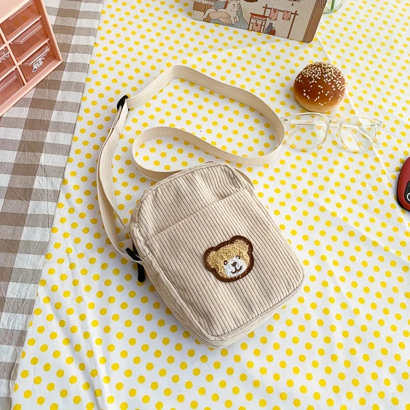 Girls Portable Corduroy Bear Phone Crossbody Bag, Mobile Phone Coin Purse, Fashionable Cross Small Bag, Corduroy Mini Bag Bolsos