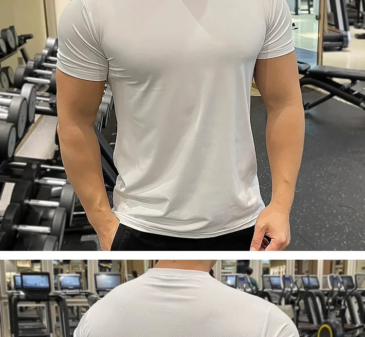 Summer Running Gym Men Shirt Short Sleeve Tees Elastic Tight Fit Sports Training Fitness Quick Dry Spandex Ice Silk T Shirt