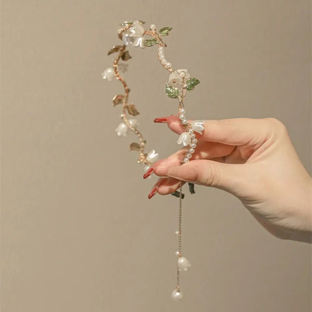 Korean Alloy Pearl Flower Headband Beads Tassel Wave Hair Band Woman Hair Accessories