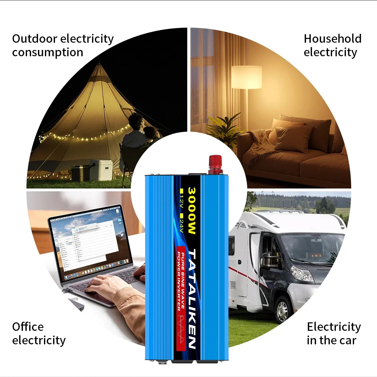Pure Sine Wave Power Inverter 2200W 12V DC to 110V 60HZ with 2 AC Outlets and LCD Display Suitable For Family Travel and Camping
