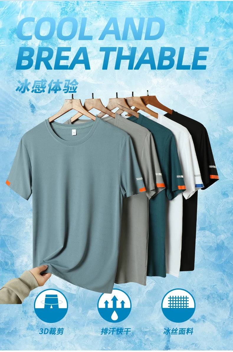 Men's Summer Ice Silk T-shirt Sweatshirt Round Neck Simple Running Fitness Suit Thin Breathable Quick Drying T