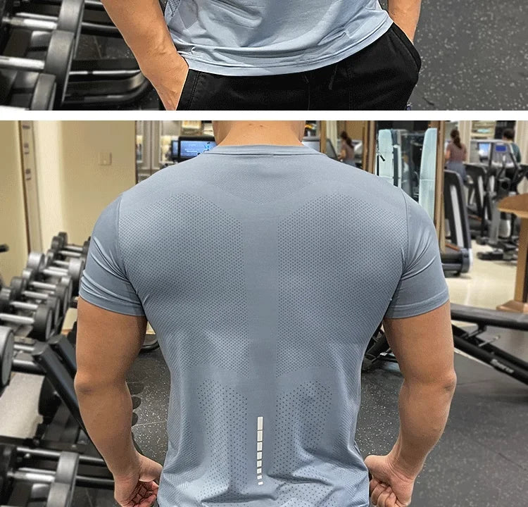 Summer Running Gym Men Shirt Short Sleeve Tees Elastic Tight Fit Sports Training Fitness Quick Dry Spandex Ice Silk T Shirt