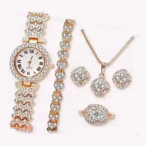 Fashion Luxury Full Crystal 5 Pcs Watch Necklace Earrings Ring Set for Women Rhinestone Wristwatch Female Bracelet Set Gift
