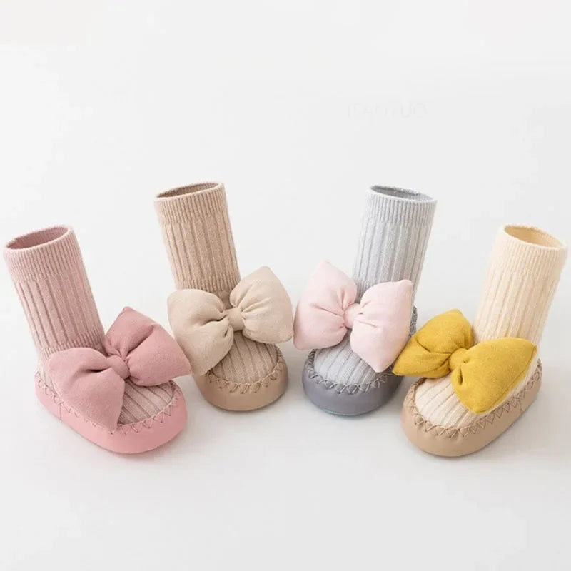 Autumn Baby Bow Middle Tube Socks Shoe Girls Princess Anti Slip Floor Shoes Soft Soled Children Toddler Shoes Kids First Walkers