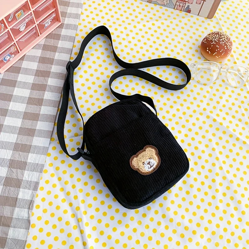 Girls Portable Corduroy Bear Phone Crossbody Bag, Mobile Phone Coin Purse, Fashionable Cross Small Bag, Corduroy Mini Bag Bolsos