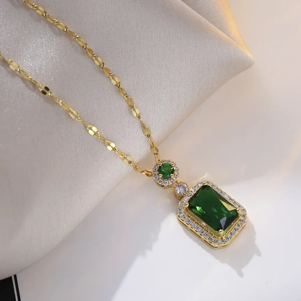 Luxury Emerald Color Earring Necklace Rings Set For Woman Stainless Steel Zircon Rectangle Pendant Necklace Party Jewelry Gift