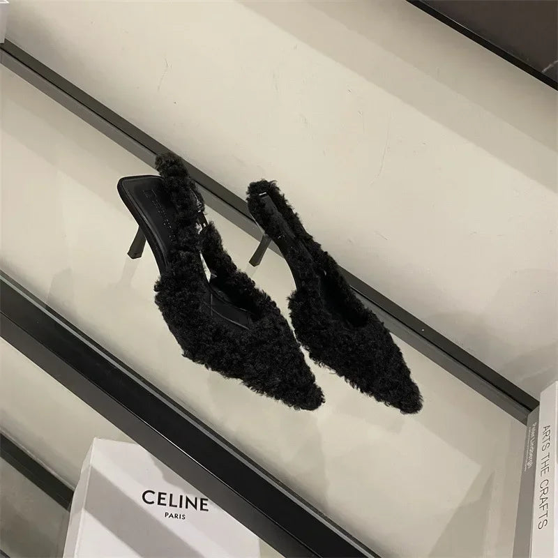 High Heel Plush Slides Woman Fashion Elegant Pointed Toe Lamb Hair Slippers Ladies Luxury Plush Evening Party Pump Shoes 2024