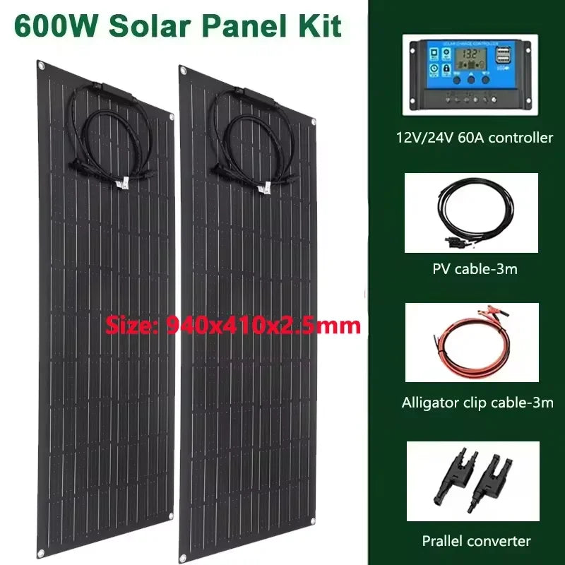 300W 600W Flexible Solar Panel 12V 24V Solar Charge Battery Kit with 30A/60A Controller for Camping RV Home Solar Power Bank
