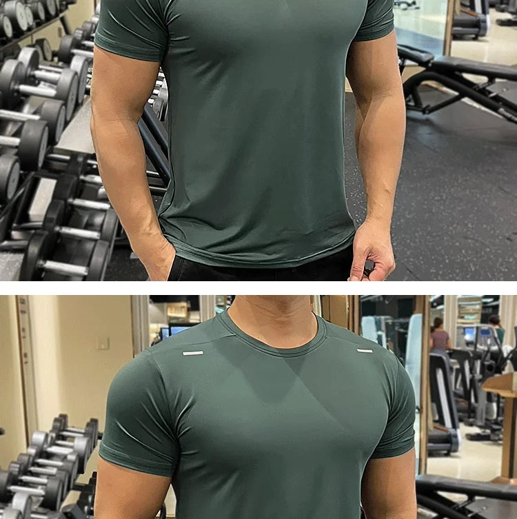 Summer Running Gym Men Shirt Short Sleeve Tees Elastic Tight Fit Sports Training Fitness Quick Dry Spandex Ice Silk T Shirt