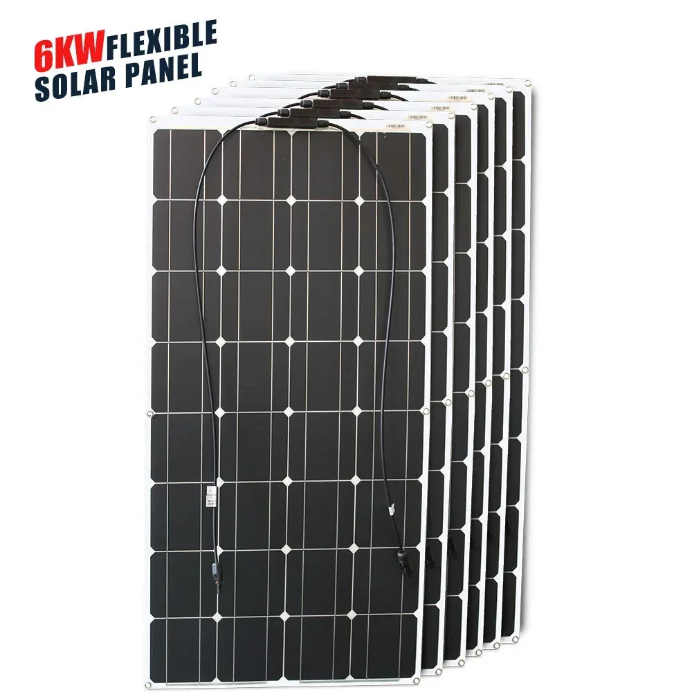 6000W-1000W 12V Flexible Solar Panel Kit - Waterproof Monocrystalline for RV Roofs/Camping/Off-Grid Power