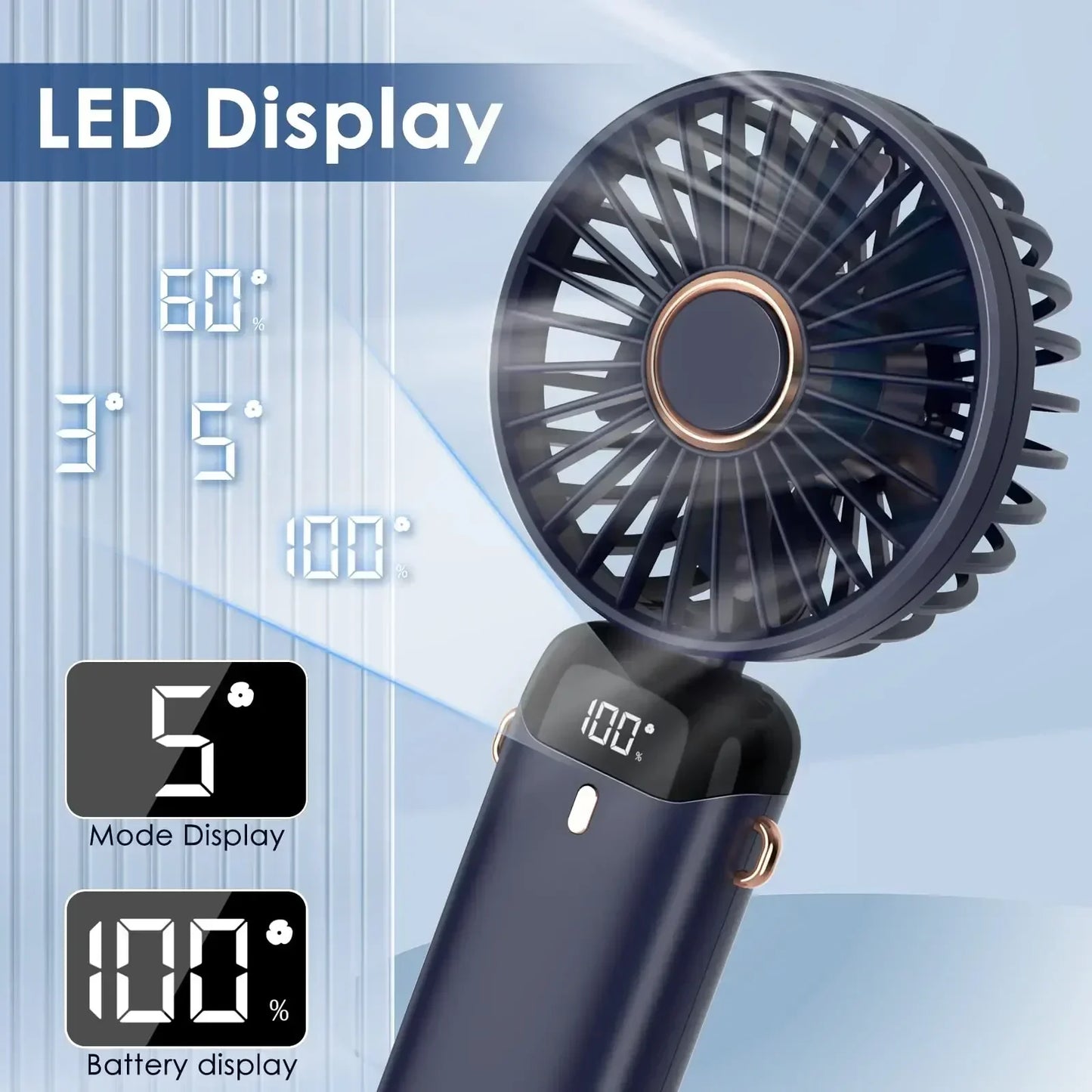 5000mAh Handheld Mini Fan Wireless USB Rechargeable Portable Digital Display Phone Holder Fan 5 Speed Foldable Neck Hanging Fans