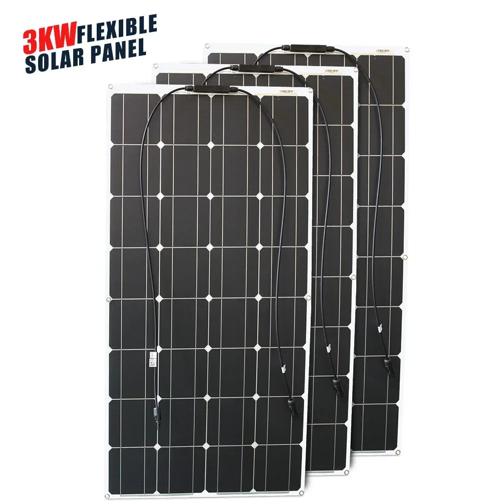 6000W-1000W 12V Flexible Solar Panel Kit - Waterproof Monocrystalline for RV Roofs/Camping/Off-Grid Power