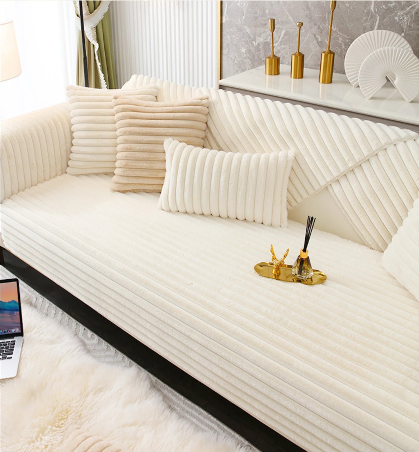 Winter thickened faux rabbit fur sofa cushion, warm seat pad, sofa slipcover for winter