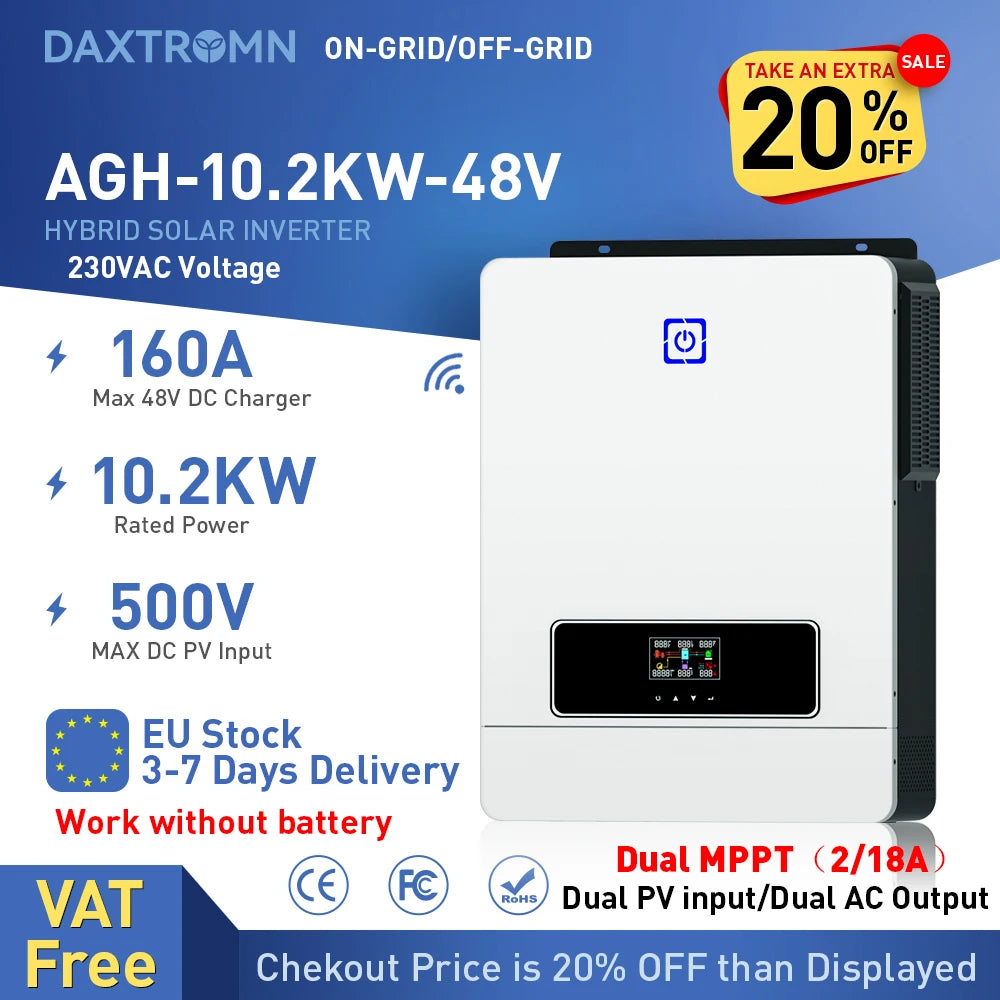 Daxtromn 6200W/4200W Hybrid Solar Inverter 6.2kw MPPT 120A 500VDC PV Input 220VAC 24VDC 48VDC 4.2kw 6.2kw Hybrid Solar Inversor