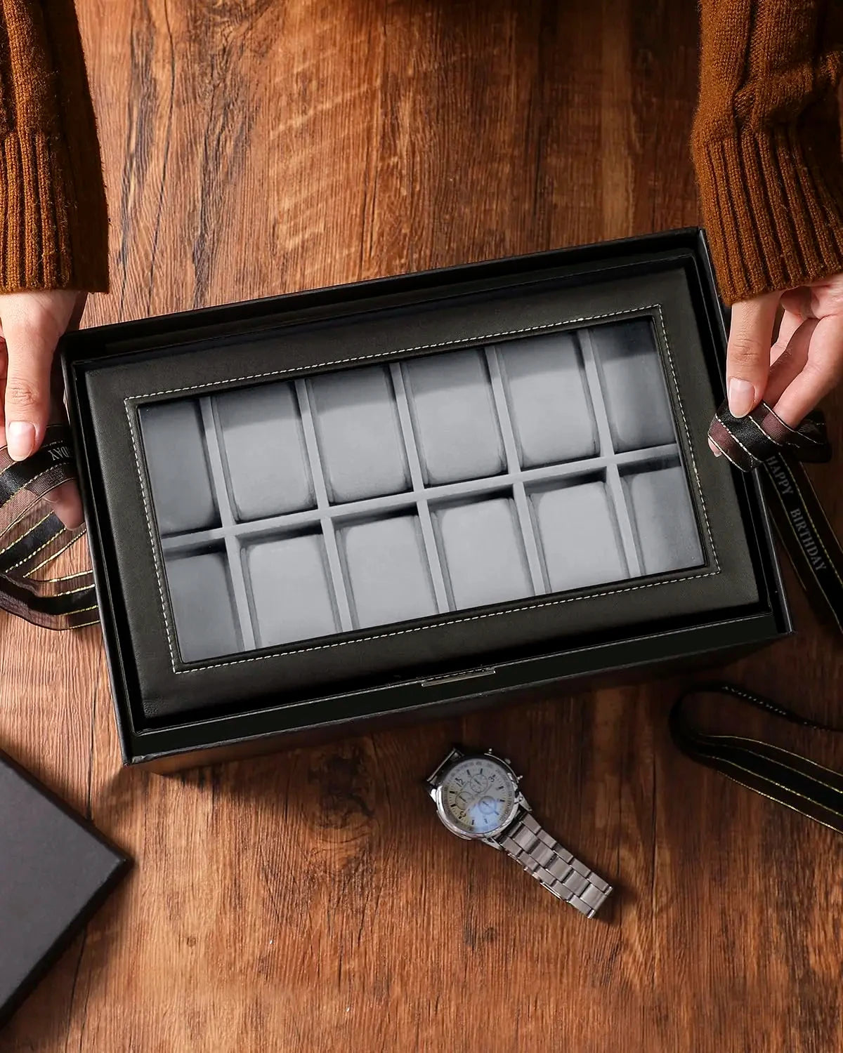 2024 New 12 Slot Leather Lockable Watch Storage Boxes,Men & Women's Jewelry Display Drawer Case, 2-Tier Organizer Watch Showcase