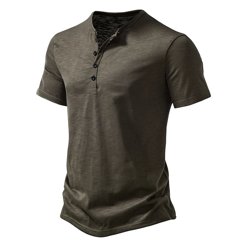 Henley Collar Summer Men's Casual Solid Color Short Sleeve T Shirt For Men Fashion Button Polo Male High Quality Top Tees Shirts