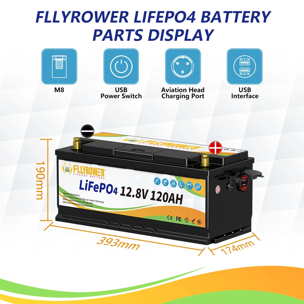Germany Stock FLLYROWER 12.8v 100Ah 120Ah 180Ah 200Ah 300Ah LiFePO4 Battery Pack Solar Lithium Lifepo4 Battery