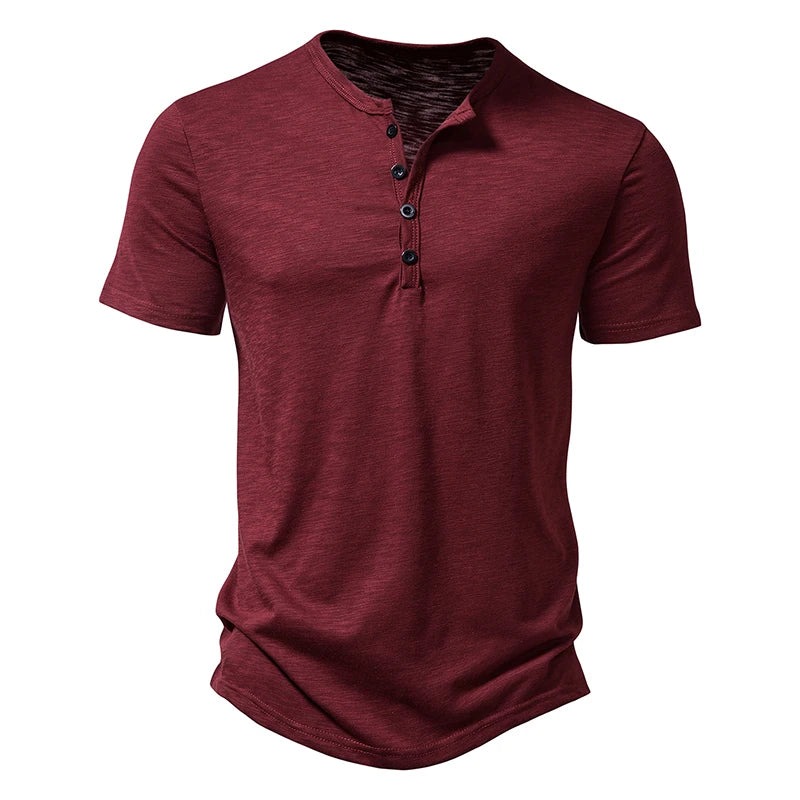 Henley Collar Summer Men's Casual Solid Color Short Sleeve T Shirt For Men Fashion Button Polo Male High Quality Top Tees Shirts