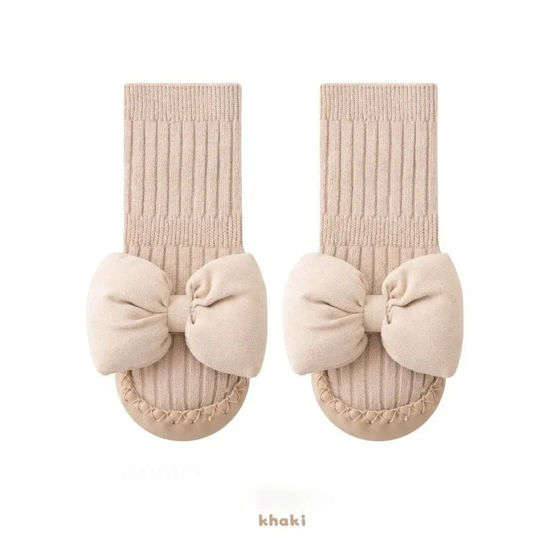 Autumn Baby Bow Middle Tube Socks Shoe Girls Princess Anti Slip Floor Shoes Soft Soled Children Toddler Shoes Kids First Walkers