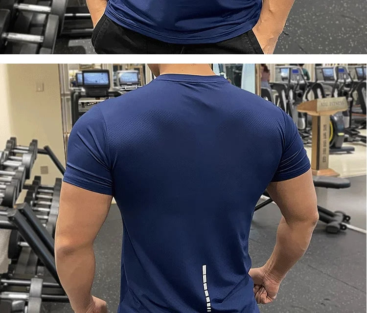 Summer Running Gym Men Shirt Short Sleeve Tees Elastic Tight Fit Sports Training Fitness Quick Dry Spandex Ice Silk T Shirt