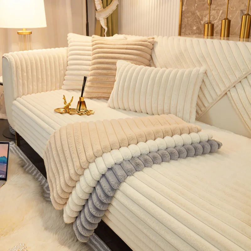 Winter thickened faux rabbit fur sofa cushion, warm seat pad, sofa slipcover for winter