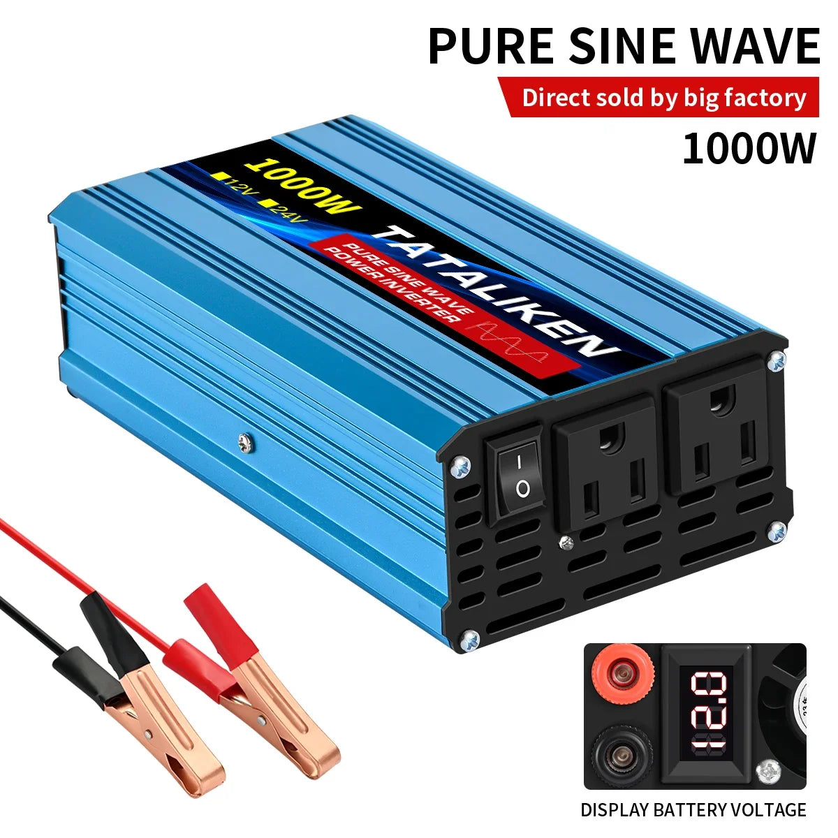 Pure Sine Wave Power Inverter 2200W 12V DC to 110V 60HZ with 2 AC Outlets and LCD Display Suitable For Family Travel and Camping