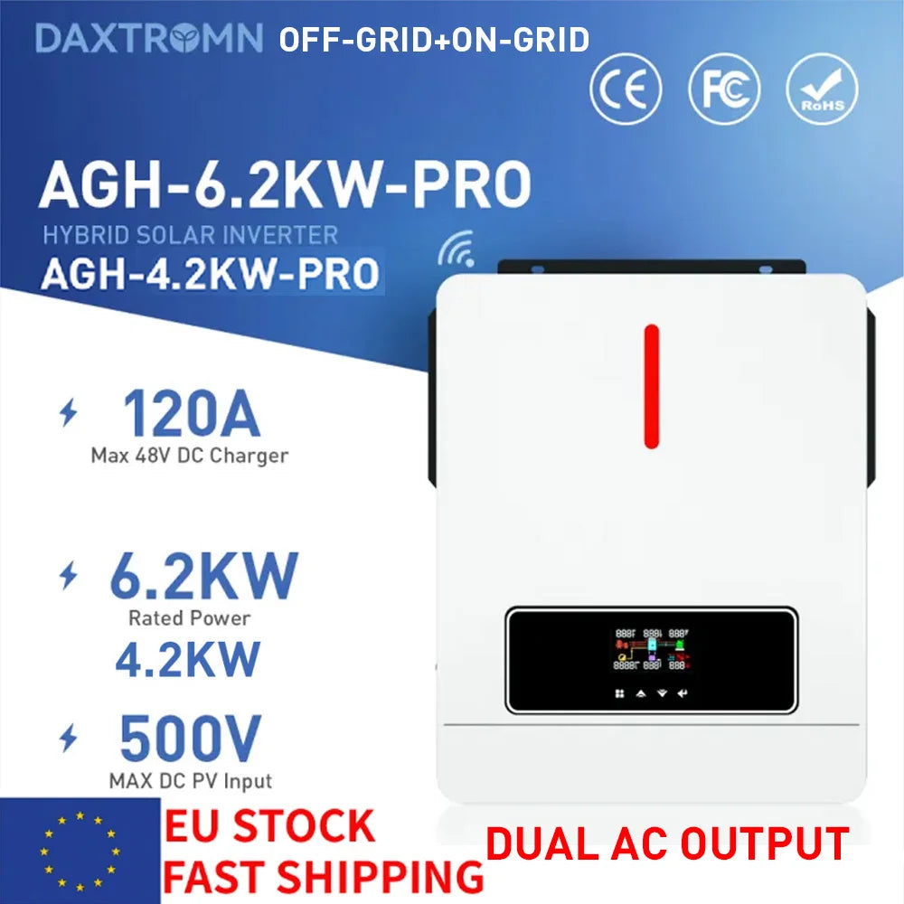 Daxtromn 6200W/4200W Hybrid Solar Inverter 6.2kw MPPT 120A 500VDC PV Input 220VAC 24VDC 48VDC 4.2kw 6.2kw Hybrid Solar Inversor