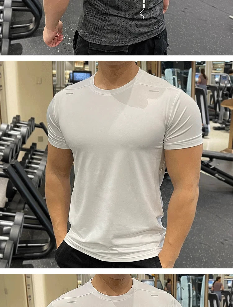 Summer Running Gym Men Shirt Short Sleeve Tees Elastic Tight Fit Sports Training Fitness Quick Dry Spandex Ice Silk T Shirt
