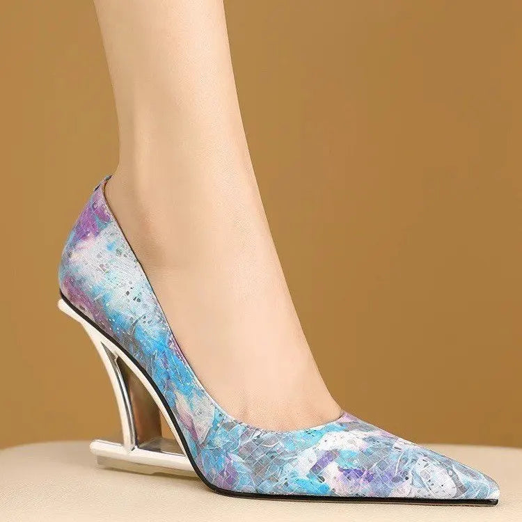 Pumps Women Shoes Flower Totem Slip-On Shallow Shoes Wedding Party Pointed Toe High Heels Pump Femme Special-shaped heel